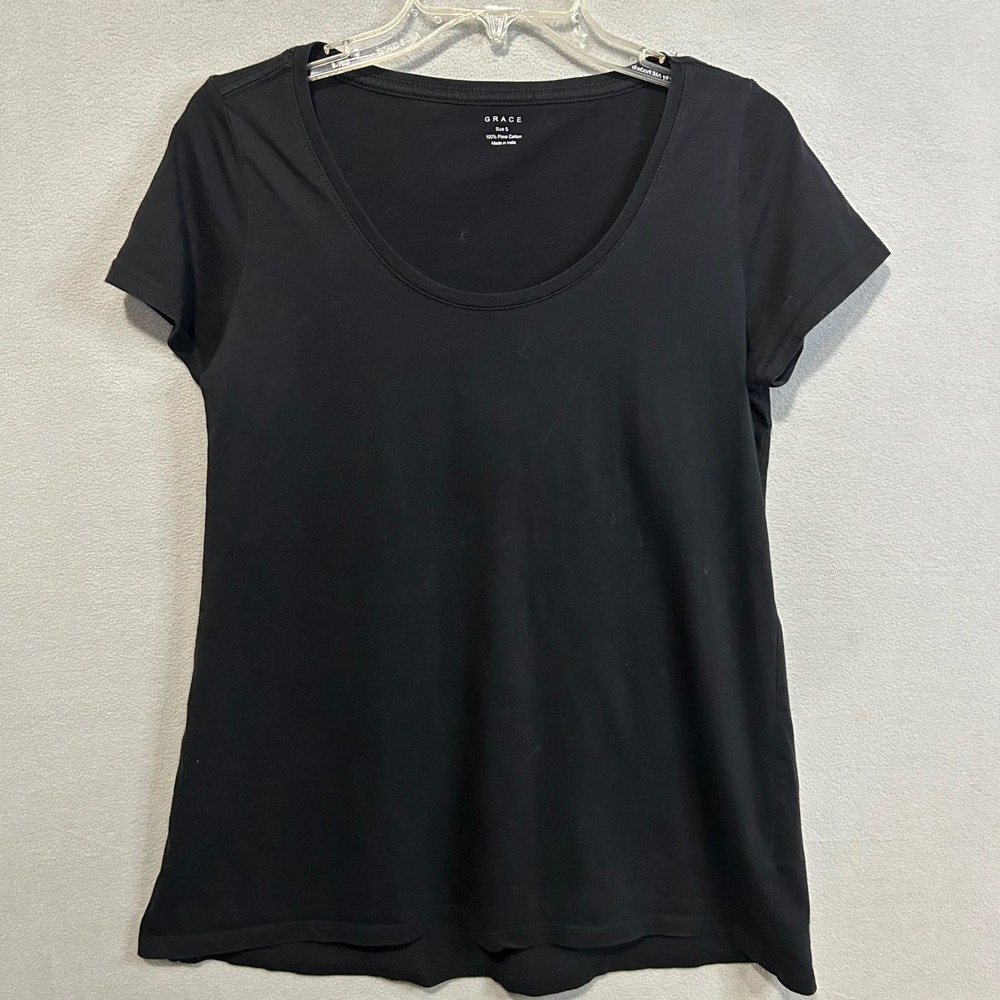 Grace Black Pima Cotton Top Womens Size Small Scoop Neck Short Sleeve Basic